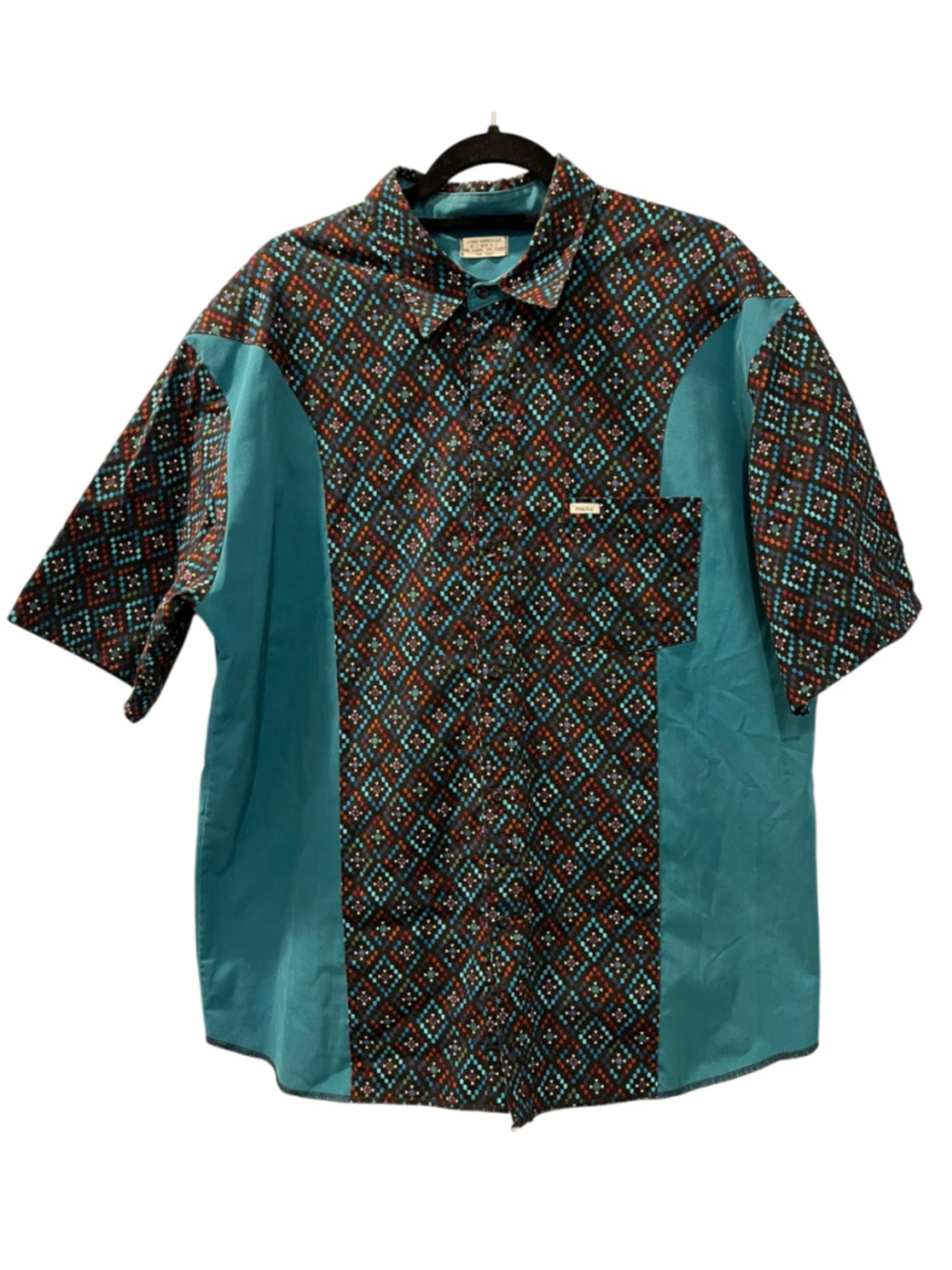 Vtg Prairie Brand Aztec Western Color Block Short Sleeve Button Down Shirt XL